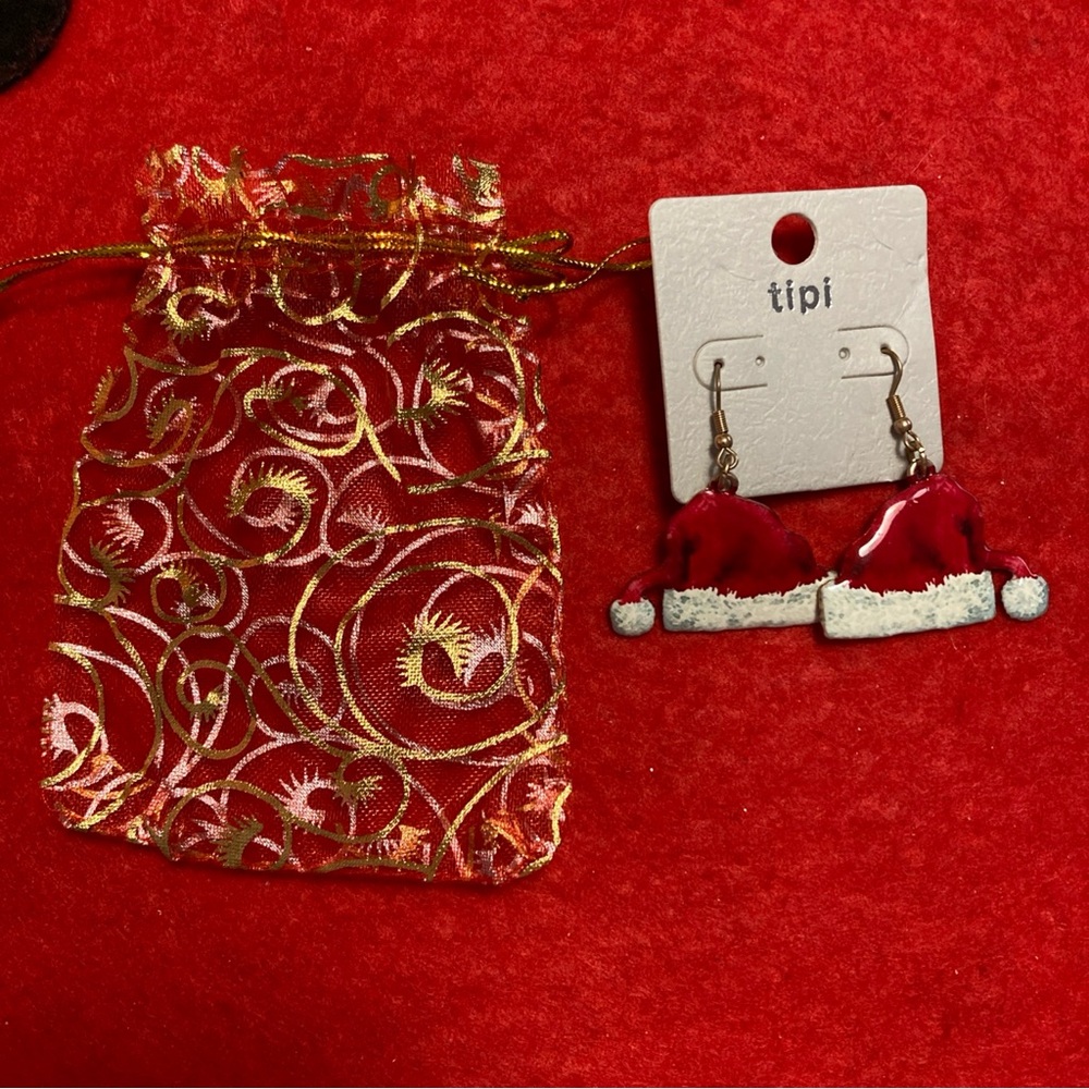 Christmas SANTA HAT Metal Dangle Earrings By TIPI Red and Gold Drawstring Bag